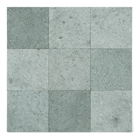 Nine square green stone tiles aligned in a 3x3 grid, displaying subtle variations in texture and shade.