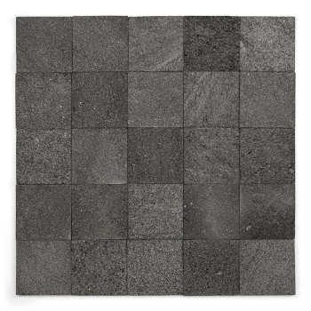 Square stone tiles arranged in a grid, showcasing varying shades of gray, creating a textured, monochromatic pattern.