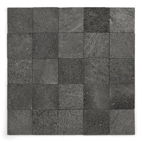 Square stone tiles arranged in a grid, showcasing varying shades of gray, creating a textured, monochromatic pattern.