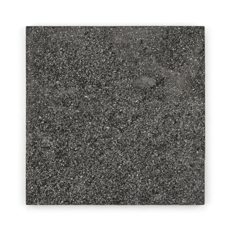 Square stone tile displays speckled, dark gray texture, resting against a plain white background.