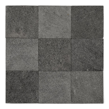 Nine dark gray stone tiles arranged in a square grid, creating a uniform and textured surface.