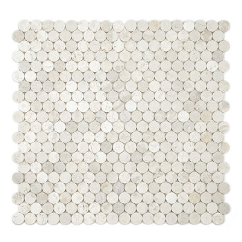Circular stone tiles arranged in a grid, forming a square pattern against a white background.