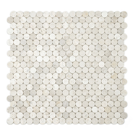 Circular stone tiles form a patterned mosaic, creating a light, textured surface in a square configuration.