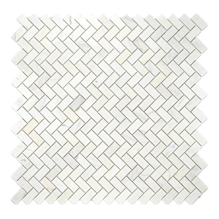 White stone tiles form a herringbone pattern, creating an elegant and symmetrical design on a stark, neutral backdrop.