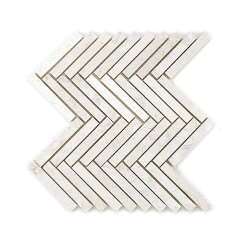 White stone tiles form a herringbone pattern, creating a zigzag effect on a simple, clean background.