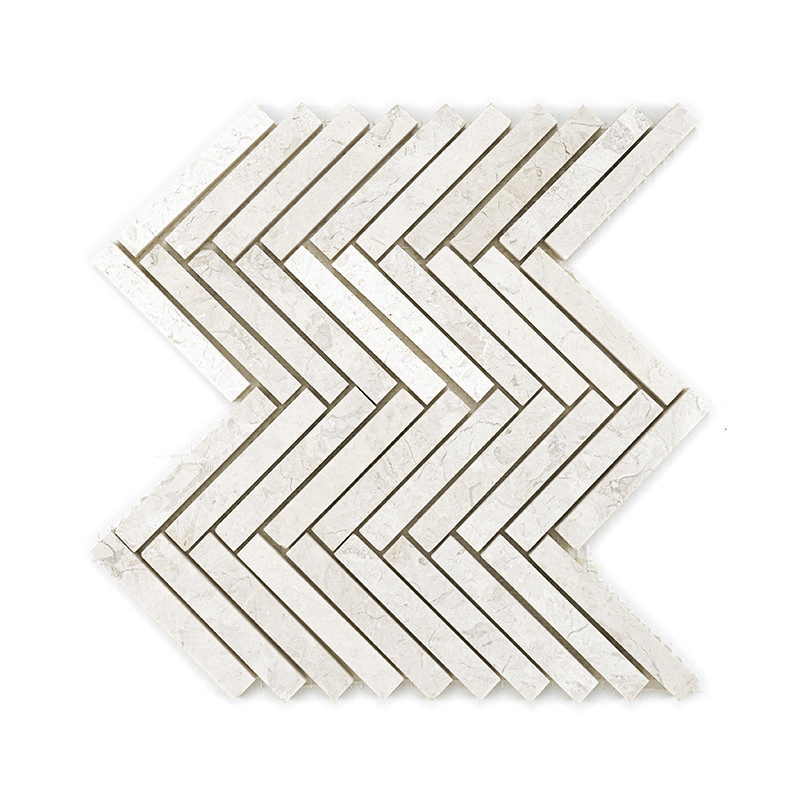 White stone tiles form a herringbone pattern, creating a zigzag effect on a simple, clean background.