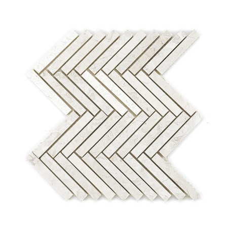 White stone tiles form a herringbone pattern, creating a zigzag effect on a simple, clean background.
