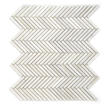 White stone tiles form a herringbone pattern, creating a zigzag effect on a simple, clean background.