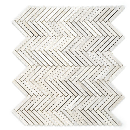 White rectangular stone tiles form a zigzag herringbone pattern, creating a textured, geometric design against a plain backdrop.