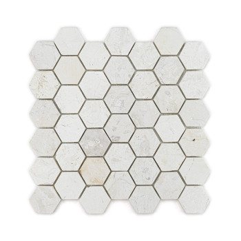 Hexagonal stone tiles arranged in a grid, displaying a mix of light beige and gray tones, creating a textured pattern.