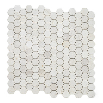 Hexagonal stone tiles arranged in a grid, displaying a mix of light beige and gray tones, creating a textured pattern.