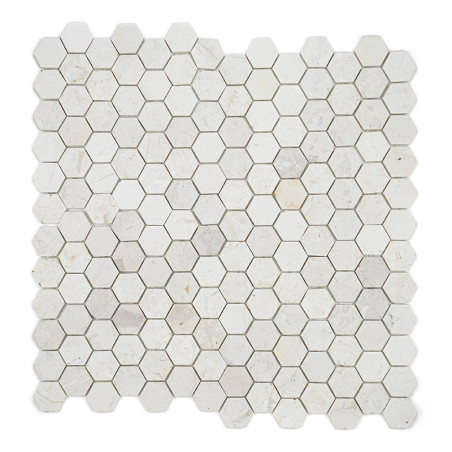 Hexagonal stone tiles form an interlocking pattern, creating a mosaic texture with various subtle gray and white shades.