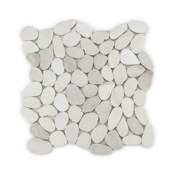 Cream-colored flat stones form a mosaic tile sheet, arranged in a grid, against a white background.