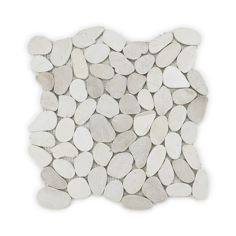 Cream-colored flat stones form a mosaic tile sheet, arranged in a grid, against a white background.