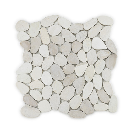 Cream-colored flat stones form a mosaic tile sheet, arranged in a grid, against a white background.