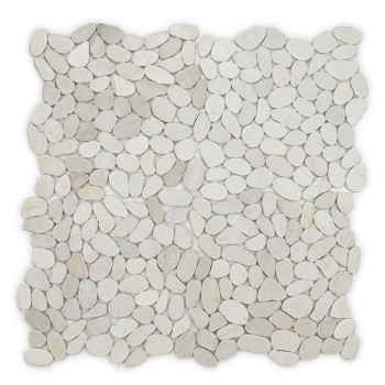 Cream-colored flat stones form a mosaic tile sheet, arranged in a grid, against a white background.