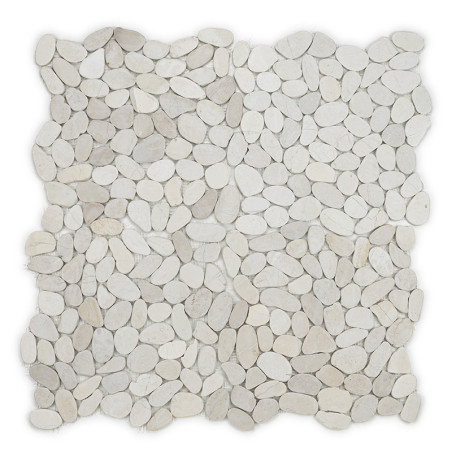 Irregular, oval-shaped stone tiles arranged tightly in a square formation, creating a mosaic pattern on a neutral background.
