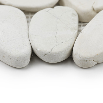 Smooth, white stone tiles rest closely together on a mesh backing, showcasing natural cracks and subtle texture.