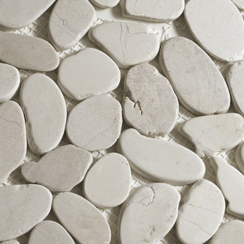 Smooth, light-colored pebbles arranged closely, creating a mosaic pattern on a mesh backing, resembling natural stone flooring.