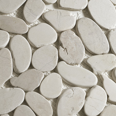 Smooth, light-colored pebbles arranged closely, creating a mosaic pattern on a mesh backing, resembling natural stone flooring.