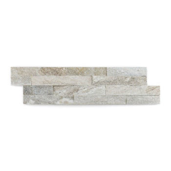 Rectangular stone tile forms a staggered, layered pattern in neutral tones, designed for wall installation, against a plain back