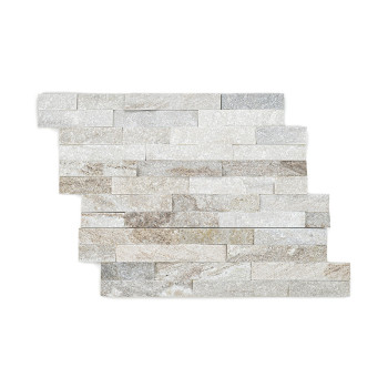 Rectangular stone tile forms a staggered, layered pattern in neutral tones, designed for wall installation, against a plain back