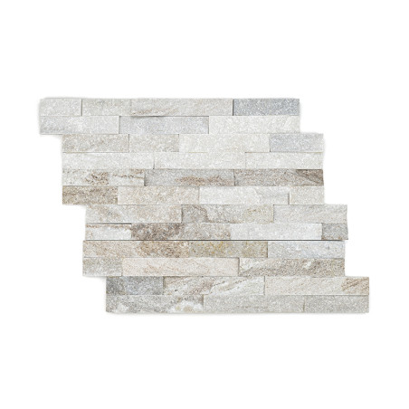 Rectangular stone tiles are arranged in an offset pattern, displaying a gradient of beige and gray hues.