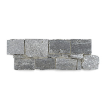Gray rectangular stone tiles form a textured pattern, placed in a staggered arrangement, against a plain white background.