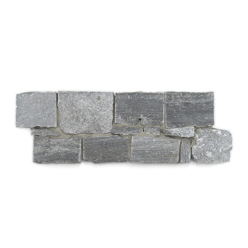 Gray rectangular stone tiles form a textured pattern, placed in a staggered arrangement, against a plain white background.