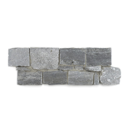 Gray rectangular stone tiles form a textured pattern, placed in a staggered arrangement, against a plain white background.