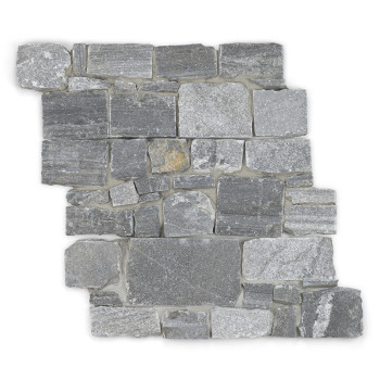 Gray rectangular stone tiles form a textured pattern, placed in a staggered arrangement, against a plain white background.