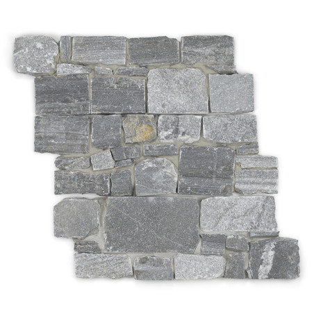 Gray stone tiles arranged in varied rectangular shapes, creating a textured, interlocking pattern on a plain white background.
