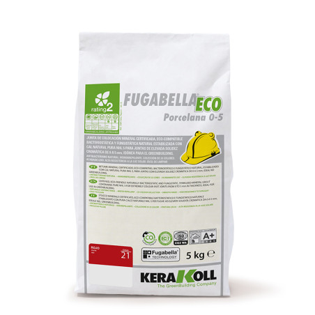 A white bag labeled `Fugabella Eco Porcelana 0-5` shows green/black text, graphics, and a yellow hard hat icon. `Kerakoll.`