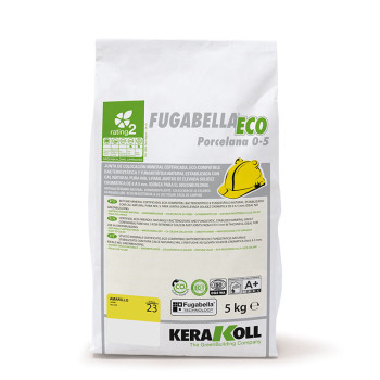Zak Fugabella Eco Porcelana 0-5 harscement, wit met groene details, met certificeringen en gebruiksinstructies. Tekst: `KeraKoll