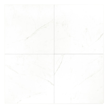 Des carreaux de céramique blanche aux subtils motifs de veines grises sont réunis dans une grille. La surface est lisse et brill