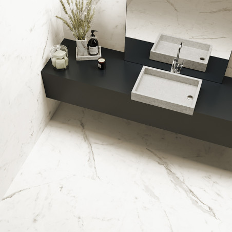 Un lavabo rectangulaire en béton se trouve au sommet d'un comptoir noir dans une salle de bains, décoré d'un vase, d'une bouteil