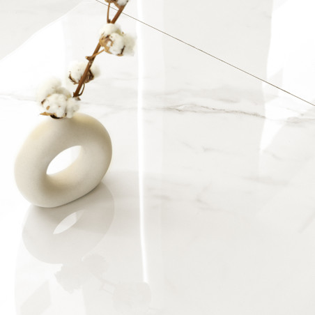 A smooth, white marble tile reflects light, featuring subtle gray veining. A round, white ceramic vase holds a cotton branch, en
