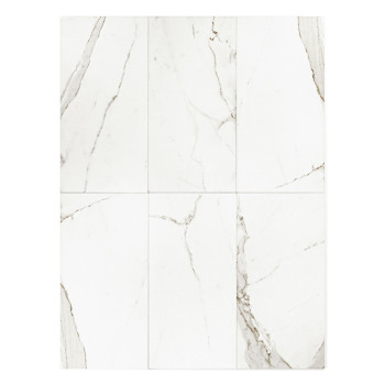 Six rectangular, white tiles with light gray, marble-like veining intersect, forming a cohesive grid. They rest against a plain,
