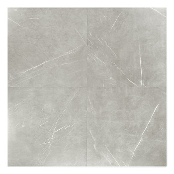 A square tile displays a light gray surface with subtle white veining, resembling natural stone, intended for flooring or wall a