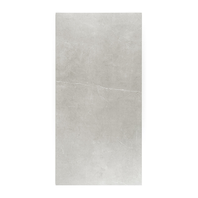 Un carreau rectangulaire gris clair présente des motifs marbrés subtils, suggérant une surface lisse et élégante adaptée au sol 