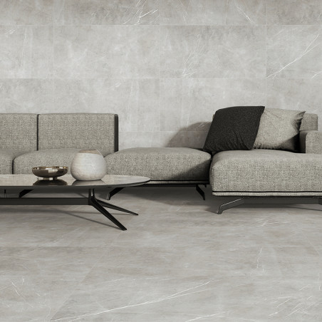 Le sol en carrelage gris s'étend sur un salon minimaliste avec un canapé gris moderne et une table basse élégante ornée de décor