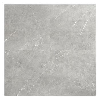 Un carreau de marbre gris carré et brillant présente des motifs de veines blanches, donnant un aspect texturé, sur un fond blanc