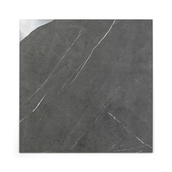 Un carreau carré présente une surface gris foncé avec de fines veines diagonales blanches, ressemblant à de la pierre naturelle,