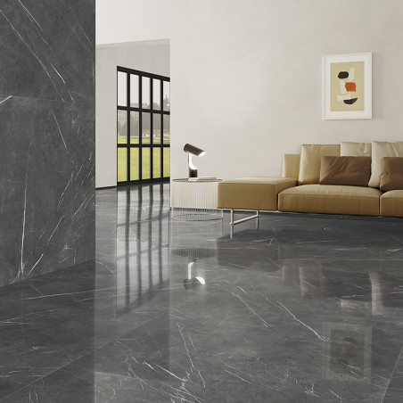Les carreaux de marbre gris brillant reflètent la lumière naturelle à travers les grandes fenêtres, tandis qu'un canapé beige et