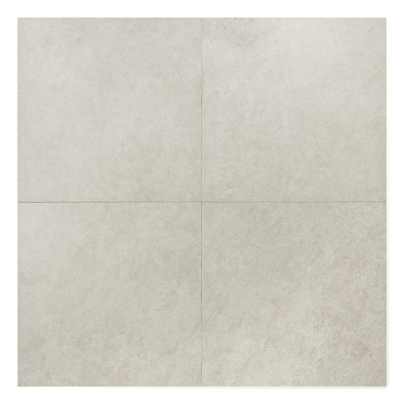 Cuatro azulejos cuadrados de color gris claro forman un cuadrado más grande, dispuestos uniformemente con líneas de lechada visi