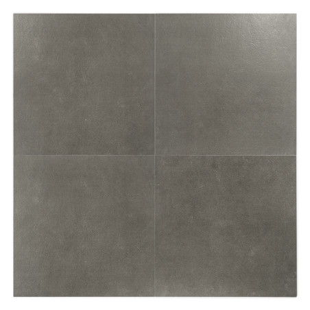 Un azulejo cerámico cuadrado, liso, de color gris oscuro y con una textura ligera. dividido en cuadrados más pequeños por líneas