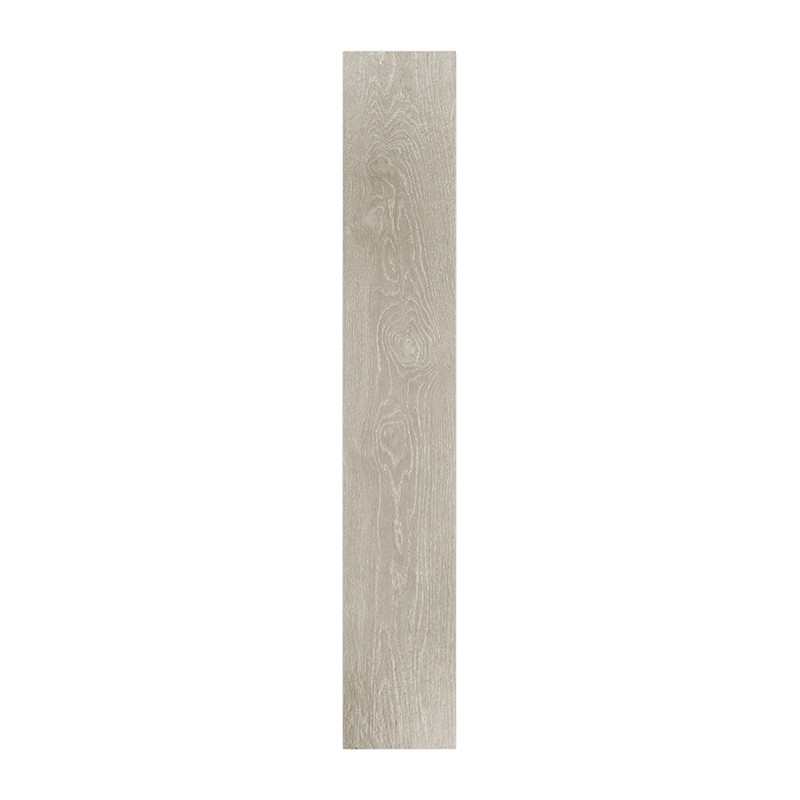 Un long carreau rectangulaire imite le grain du bois gris clair, évoquant un parquet en bois naturel, sur un fond blanc uni.