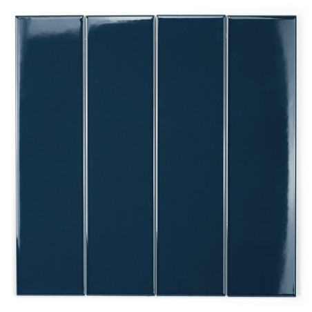 Four glossy, elongated dark blue ceramic tiles are aligned vertically in a row, creating a sleek and modern appearance.