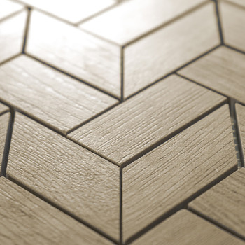 Les carreaux beiges à texture de bois s'emboîtent dans un motif à chevrons, créant un motif géométrique sur une surface plane.