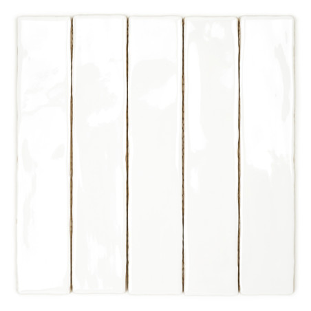 Cinco azulejos rectangulares blancos están alineados verticalmente, cada uno ligeramente brillante, bordeados por finas líneas d